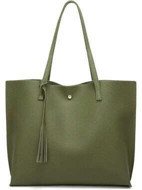 Women’s Army Green Soft Faux Leather Tote Bag Tassel Large Shoulder Purse